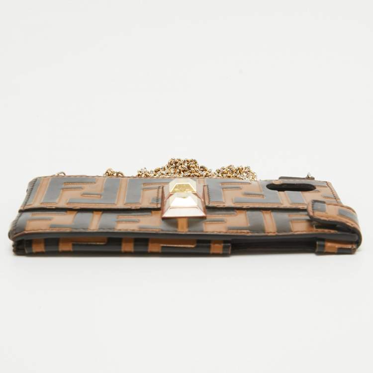 Pre Owned Fendi Brown/Black Zucca Leather iPhone X Case Chain Strap