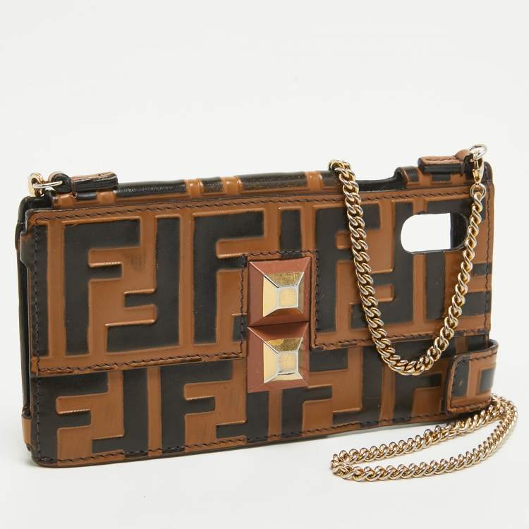 Pre Owned Fendi Brown/Black Zucca Leather iPhone X Case Chain Strap