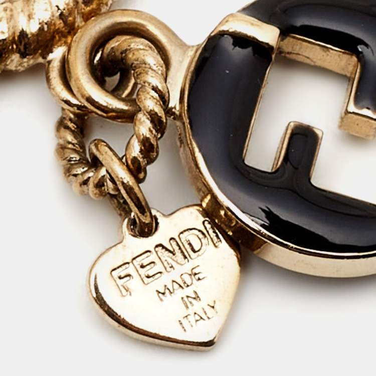 Pre Owned Fendi FF Black Enamel Charm Gold Tone Ring Size 56