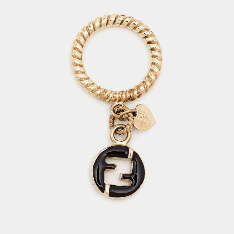 Pre Owned Fendi FF Black Enamel Charm Gold Tone Ring Size 56