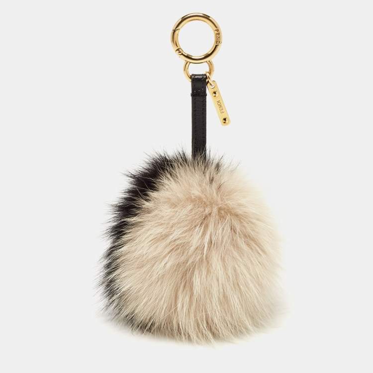 Pre Owned Fendi Black/Beige Fox Fur Pom Pom Bag Charm