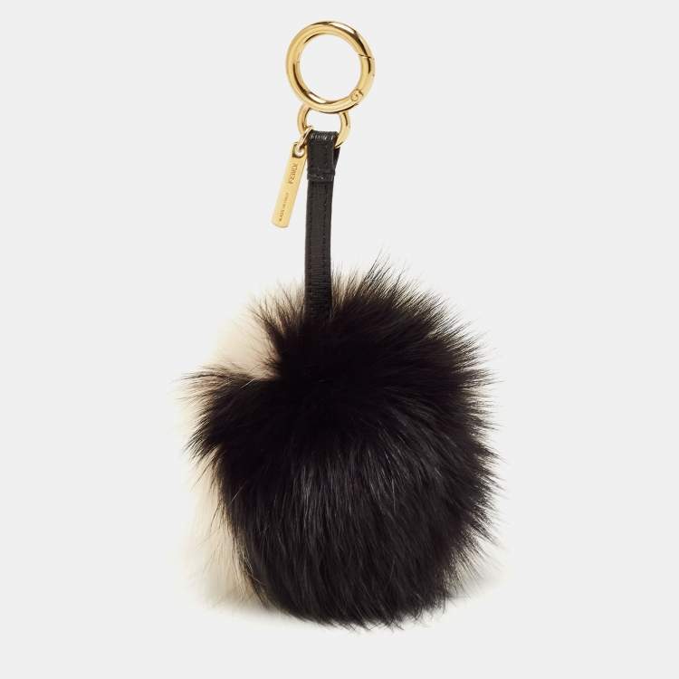 Pre Owned Fendi Black/Beige Fox Fur Pom Pom Bag Charm