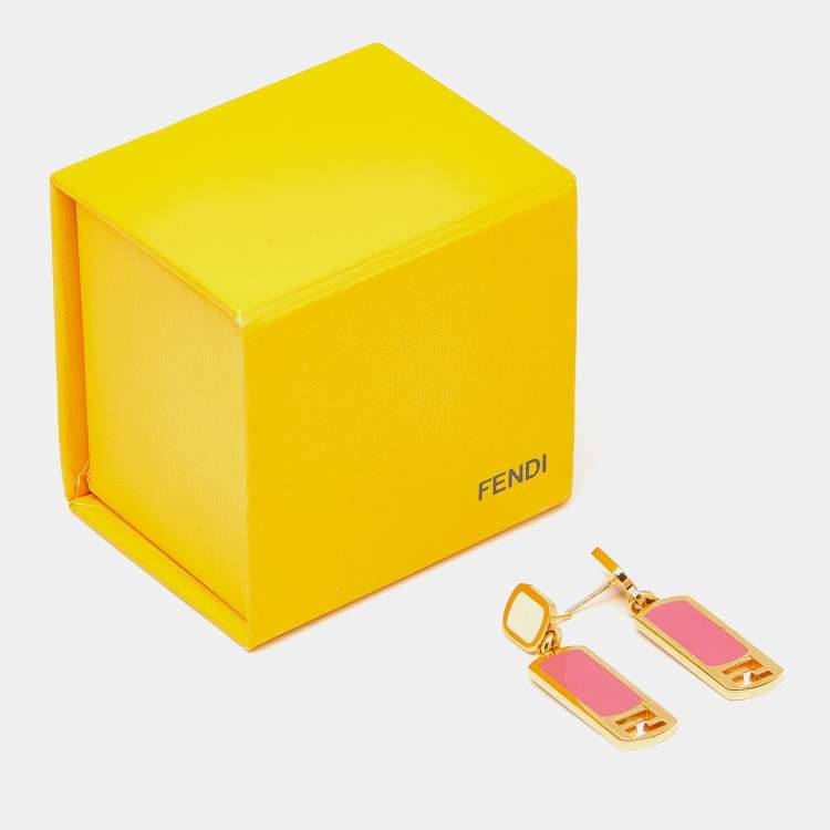 Pre Owned Fendi Gold Tone Pink Enamel Drop Earrings