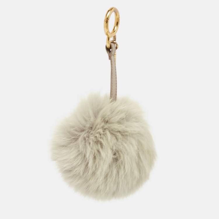 Pre Owned Fendi Grey Fur and Leather Pom Pom Bag Charm 
