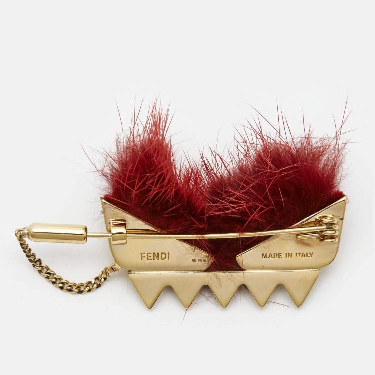 Pre Owned Fendi Wonders Burgundy Fur Embellished Gold Tone Monster Pin Brooch