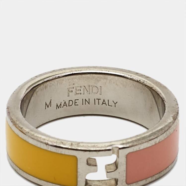 Pre Owned Fendi Fendista Bicolor Enamel Silver Tone Ring Size 55