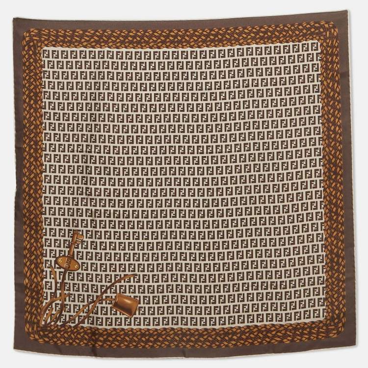 Pre Owned Fendi Brown Zucca Print Silk Square Scarf