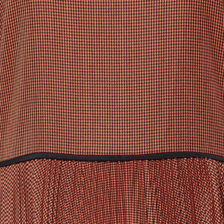 Pre Owned Fendi Brown Mesh Tulle Rope Trim Houndstooth Printed Long Sleeved Pleated Wool Midi Dress