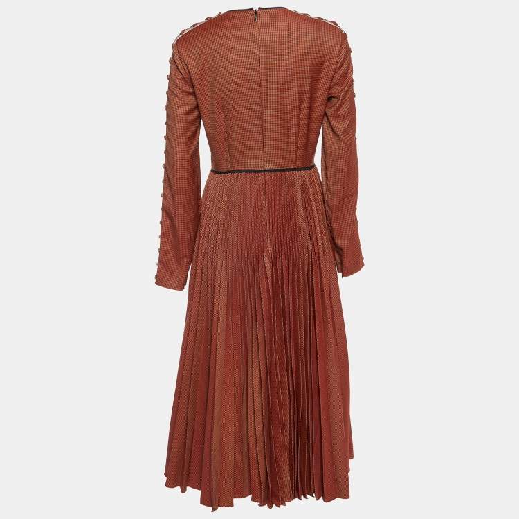 Pre Owned Fendi Brown Mesh Tulle Rope Trim Houndstooth Printed Long Sleeved Pleated Wool Midi Dress