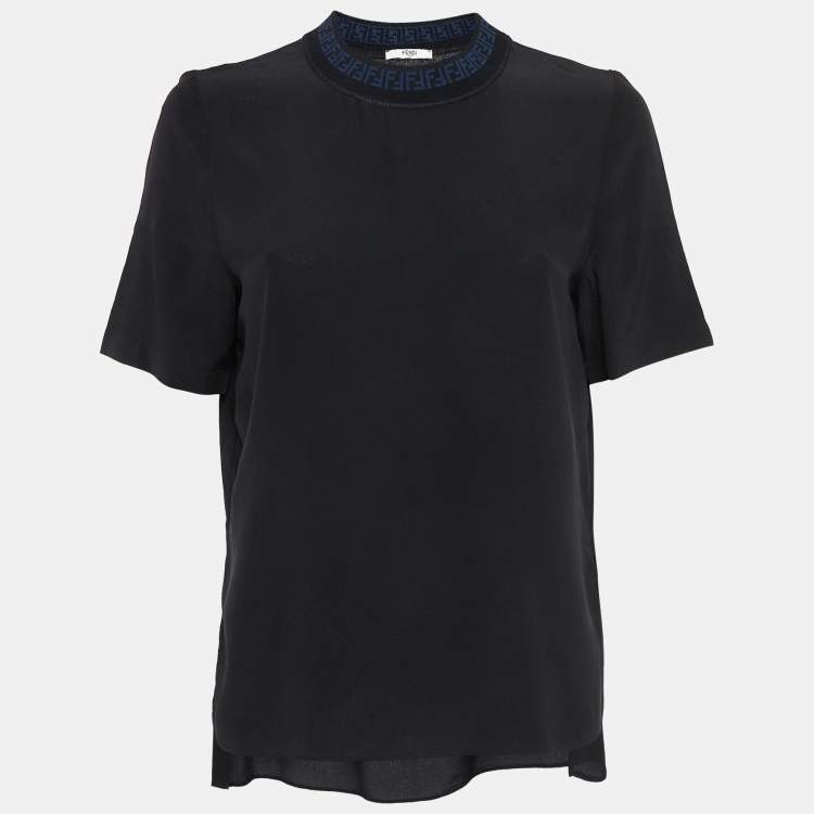 Pre Owned Fendi Black Logo Ribbed Neck Silk T-Shirt XS