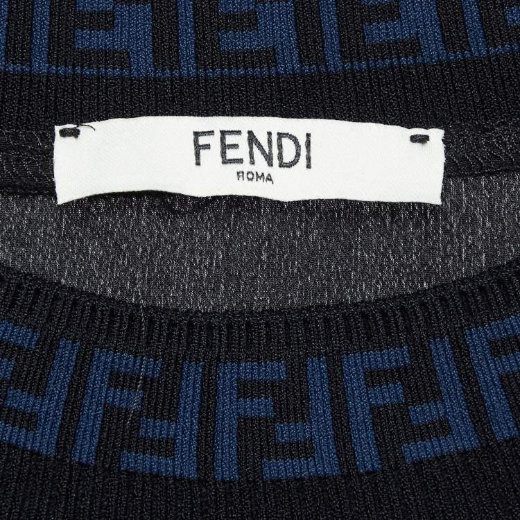 Pre Owned Fendi Black Logo Ribbed Neck Silk T-Shirt XS