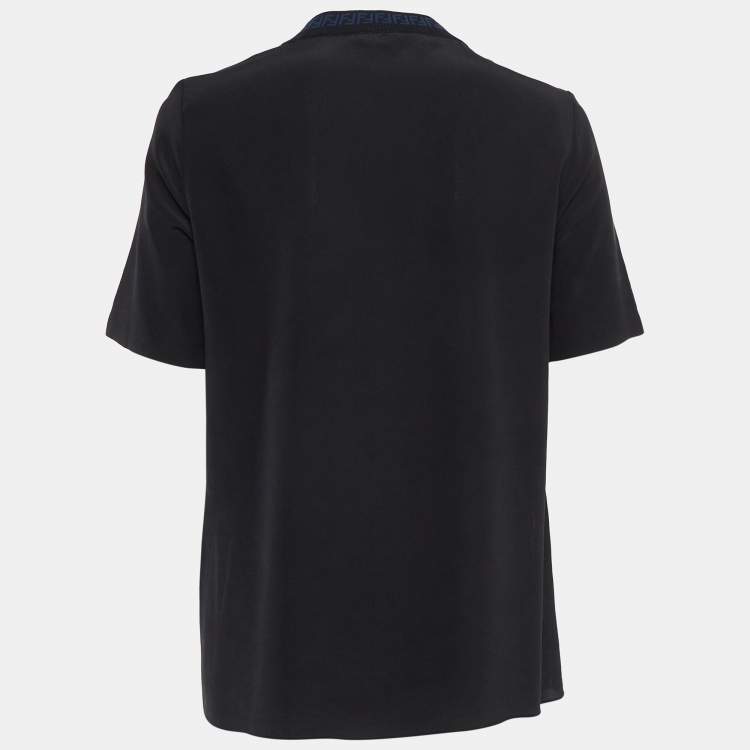 Pre Owned Fendi Black Logo Ribbed Neck Silk T-Shirt XS