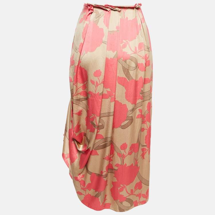 مملوكة مسبقًا Fendi Pink Rose Print Silk Pleated Asymmetric Midi Skirt S