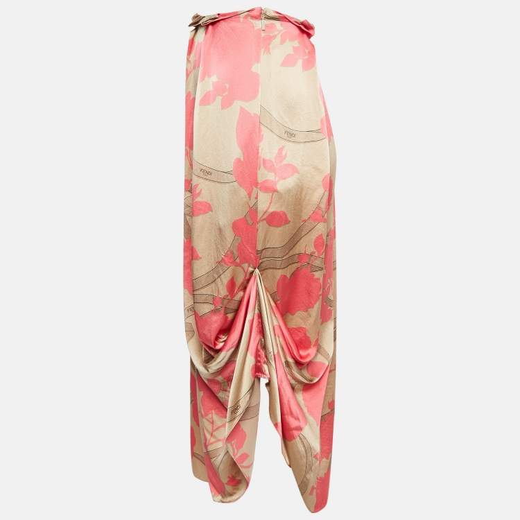 مملوكة مسبقًا Fendi Pink Rose Print Silk Pleated Asymmetric Midi Skirt S