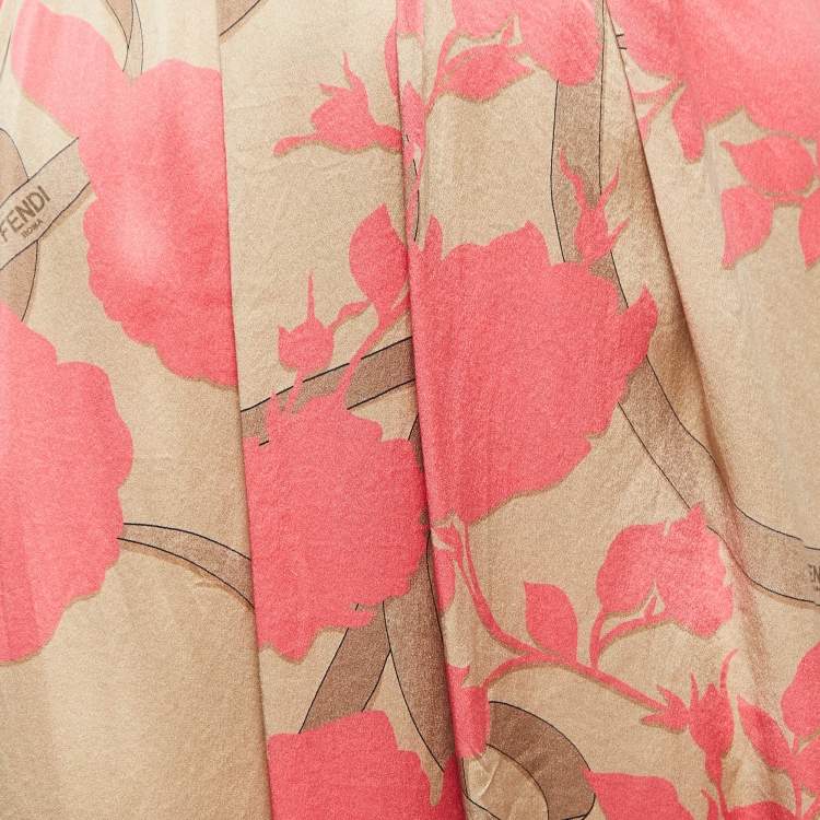 مملوكة مسبقًا Fendi Pink Rose Print Silk Pleated Asymmetric Midi Skirt S