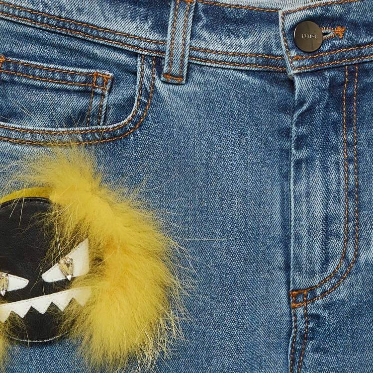 Pre Owned Fendi Blue Fox Fur Applique Denim Skinny Jeans S Waist 24"