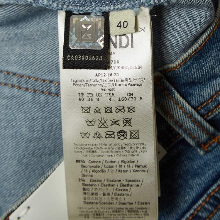Pre Owned Fendi Blue Fox Fur Applique Denim Skinny Jeans S Waist 24"