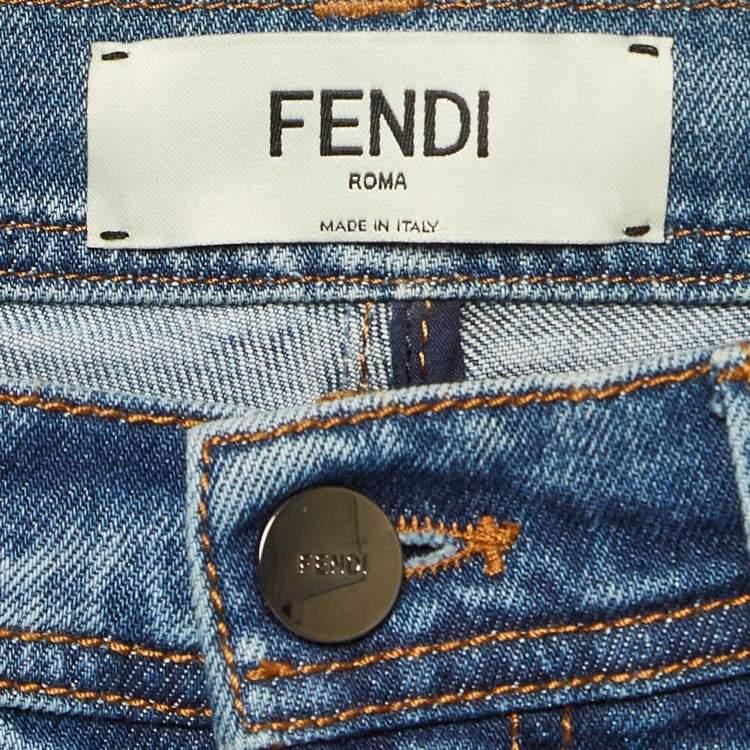 Pre Owned Fendi Blue Fox Fur Applique Denim Skinny Jeans S Waist 24"