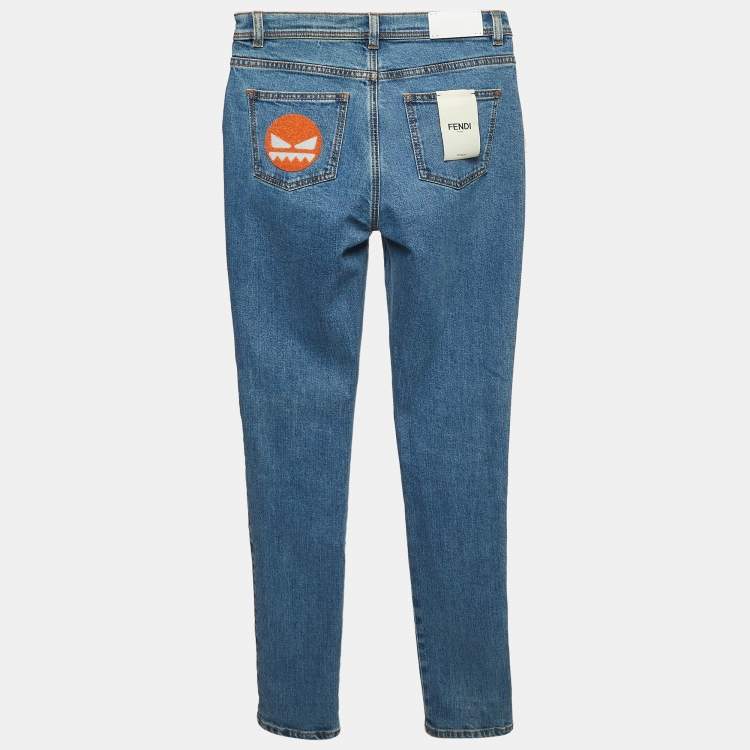 Pre Owned Fendi Blue Fox Fur Applique Denim Skinny Jeans S Waist 24"