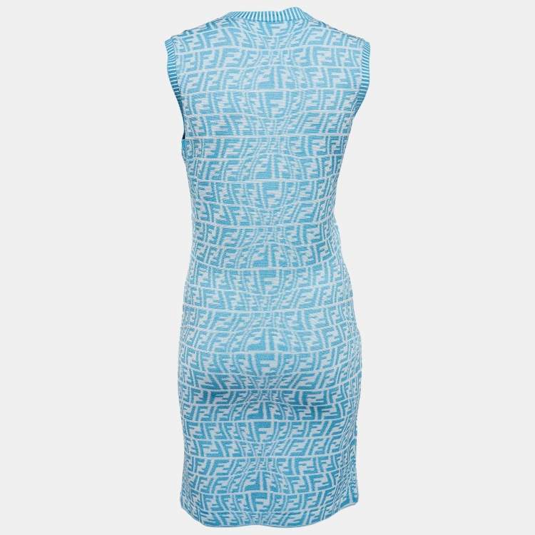 Pre Owned Fendi X Sarah Coleman Blue FF Vertigo Jacquard Knit Bodycon Dress M