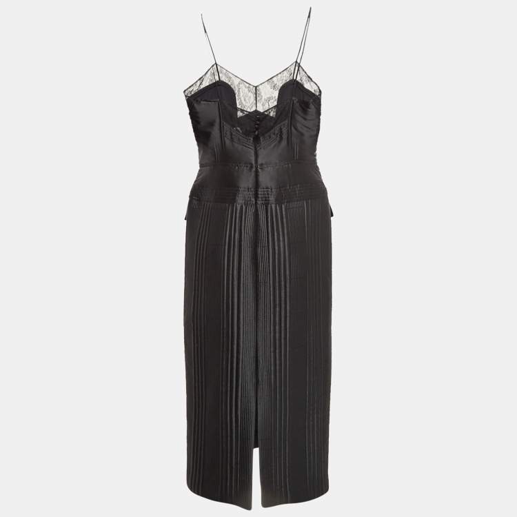 Pre Owned Fendi Black Quilted Silk Lace Trimmed Midi Dress M