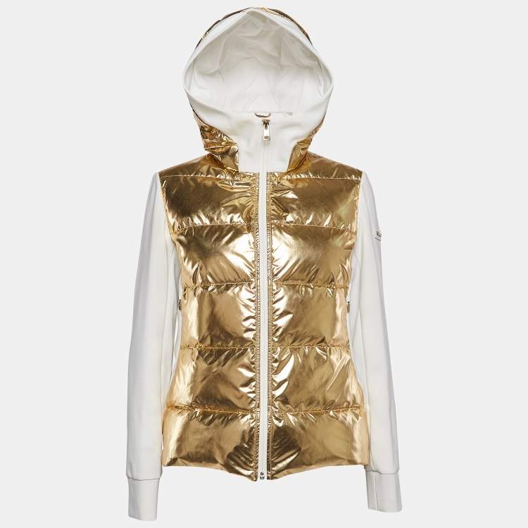 Pre Owned Fendi Gold/White Synthetic & Jersey Quilted Down Hoodie Jacket M