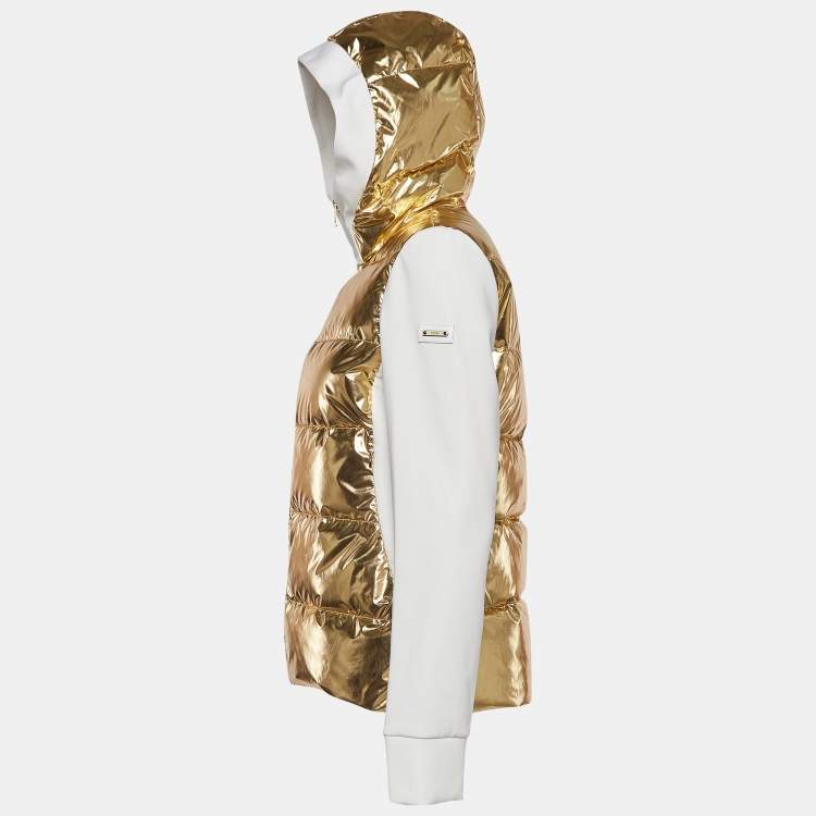 Pre Owned Fendi Gold/White Synthetic & Jersey Quilted Down Hoodie Jacket M