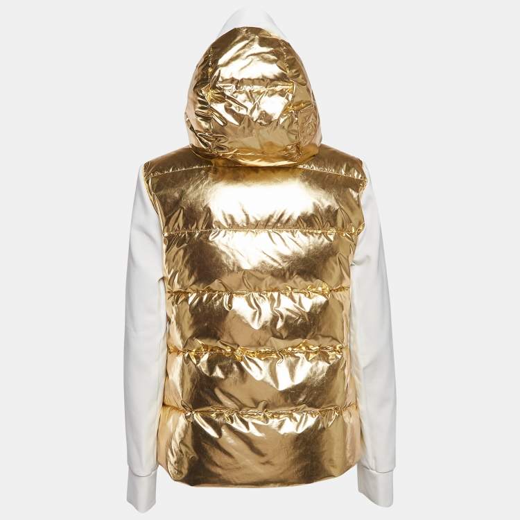 Pre Owned Fendi Gold/White Synthetic & Jersey Quilted Down Hoodie Jacket M