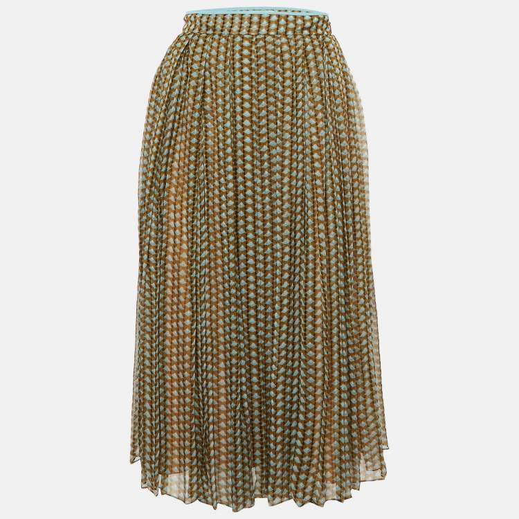 Pre Owned Fendi Green Printed Silk Pleated Midi Skirt S