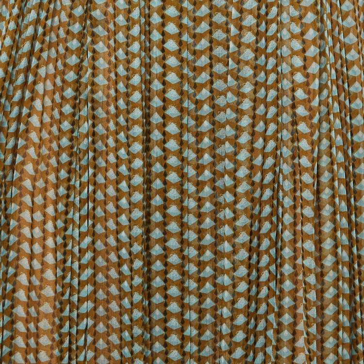 Pre Owned Fendi Green Printed Silk Pleated Midi Skirt S