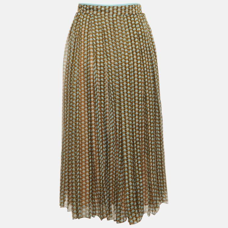 Pre Owned Fendi Green Printed Silk Pleated Midi Skirt S
