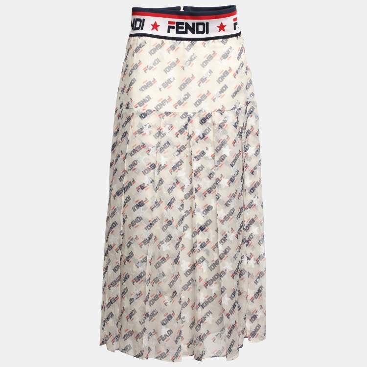Pre Owned Fendi X Fila White Fendi Mania Print Silk Pleated Midi Skirt M