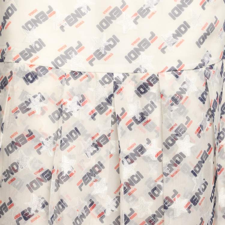 Pre Owned Fendi X Fila White Fendi Mania Print Silk Pleated Midi Skirt M