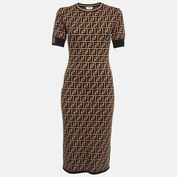 Pre Owned Fendi Brown Zucca Jacquard Knit Fitted Midi Dress S