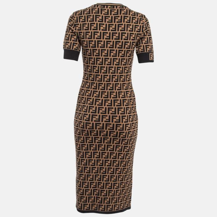 Pre Owned Fendi Brown Zucca Jacquard Knit Fitted Midi Dress S
