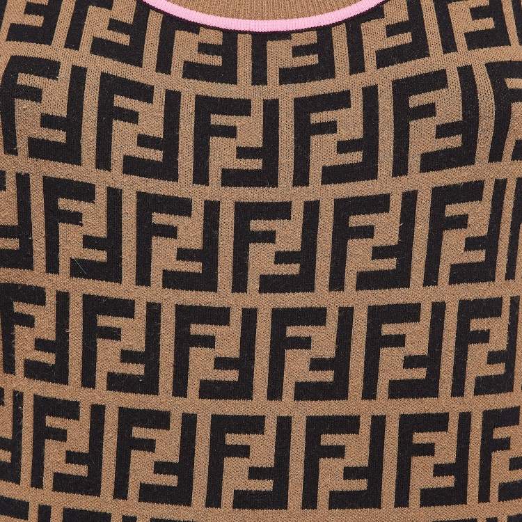 Pre Owned Fendi Brown Zucca Patterned Knit Sleeveless Bodycon Dress M