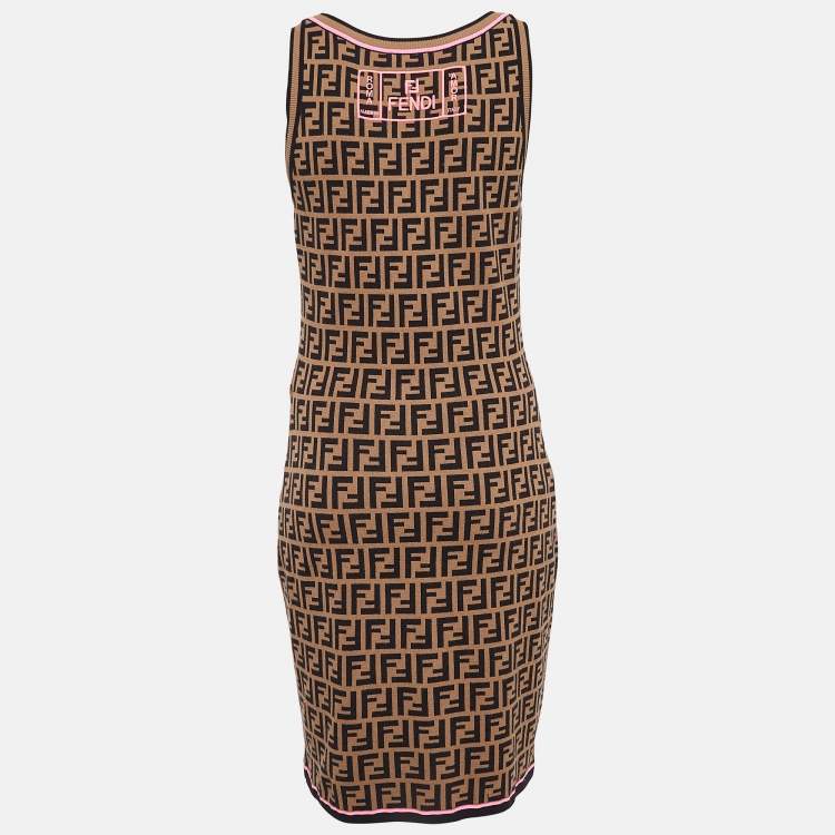 Pre Owned Fendi Brown Zucca Patterned Knit Sleeveless Bodycon Dress M