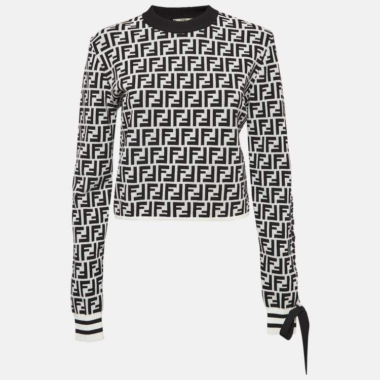 Pre Owned Fendi Monochrome Zucca Jacquard Knit Crop Sweatshirt L