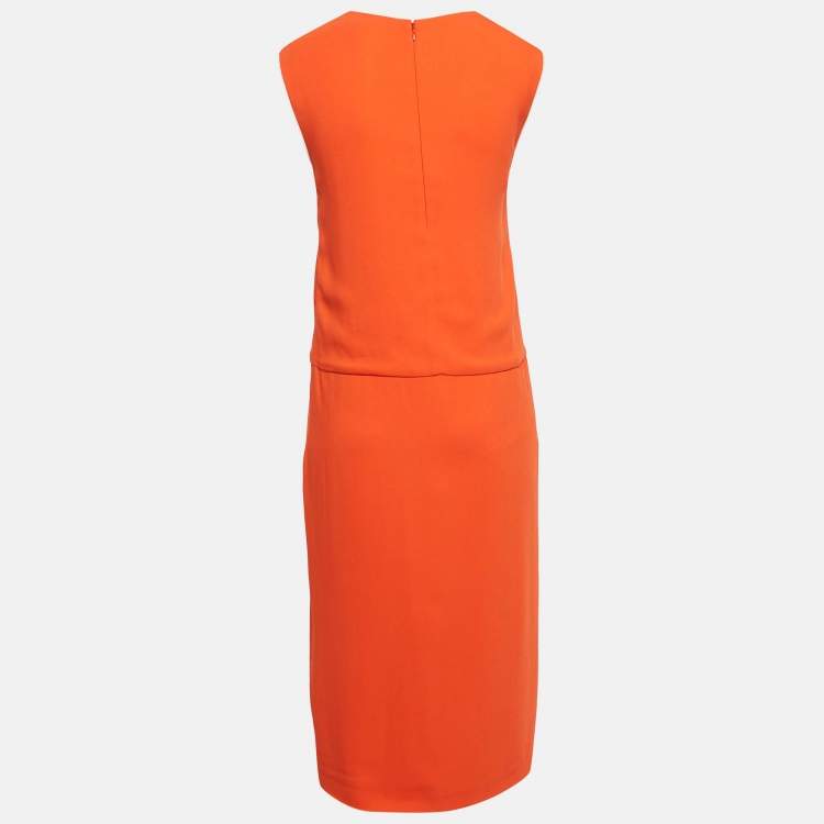 Pre Owned Fendi Orange Crepe V-Neck Pleated Midi Dress S