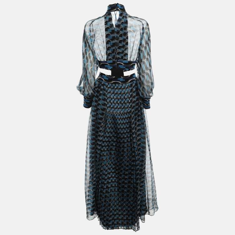 Pre Owned Fendi Blue Printed Silk Cut-Out Maxi Dress M