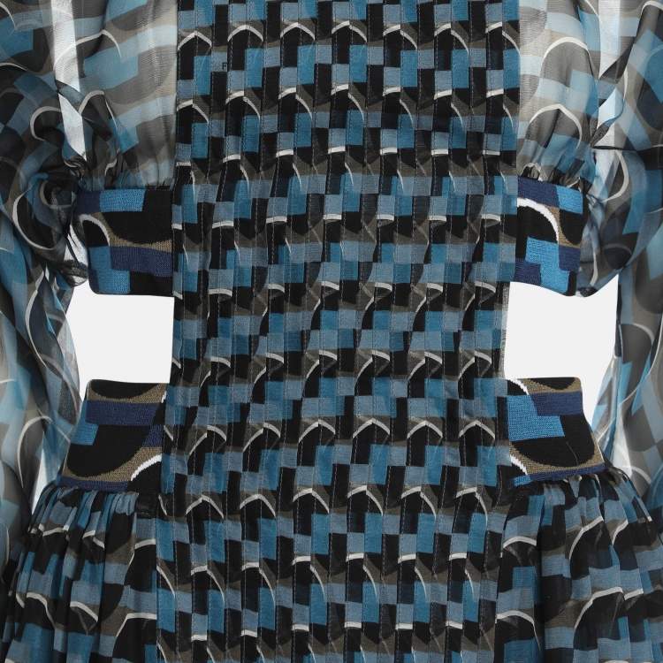 Pre Owned Fendi Blue Printed Silk Cut-Out Maxi Dress M