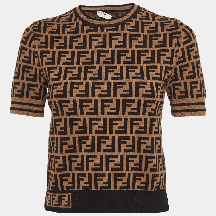 Pre Owned Fendi Brown Zucca Jacquard Knit Crew Neck Top S