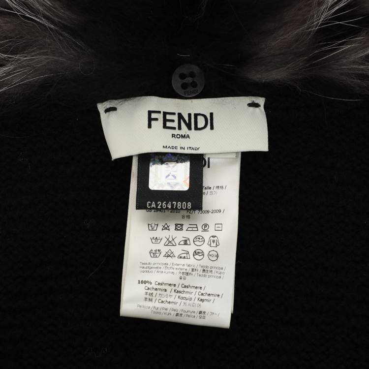 Pre Owned Fendi Black Tonal Chevron Patterned Cashmere Fox Fur Trim Cardigan L