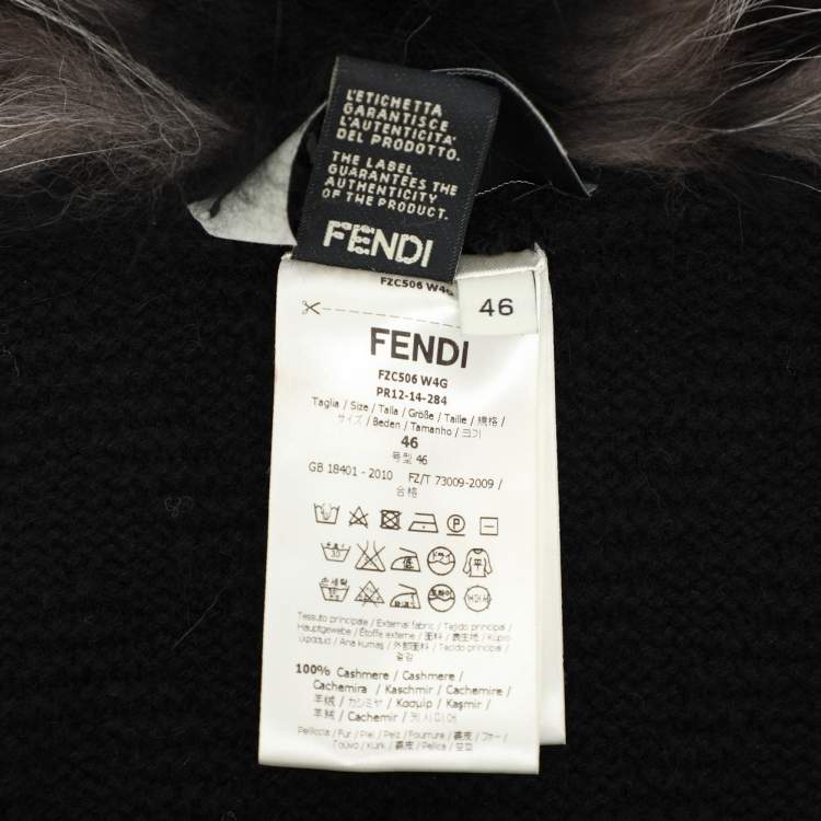 Pre Owned Fendi Black Tonal Chevron Patterned Cashmere Fox Fur Trim Cardigan L
