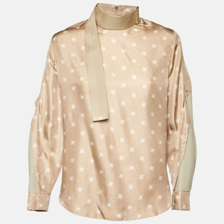 Pre Owned Fendi Beige Calligraphy Print Silk Belted Collar Detail Blouse S