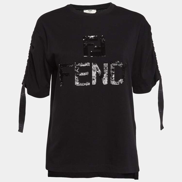 Pre Owned Fendi Black Logo Sequin Embellished Cotton Knit Tape Detail Top XS