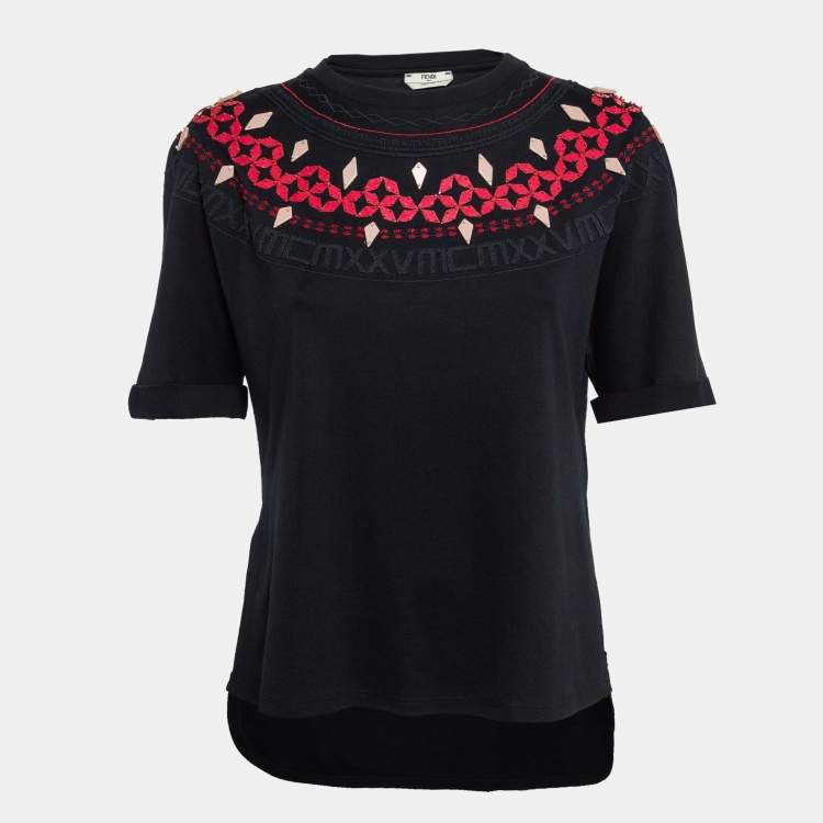 Pre Owned Fendi Black Embellished Cotton T-Shirt S