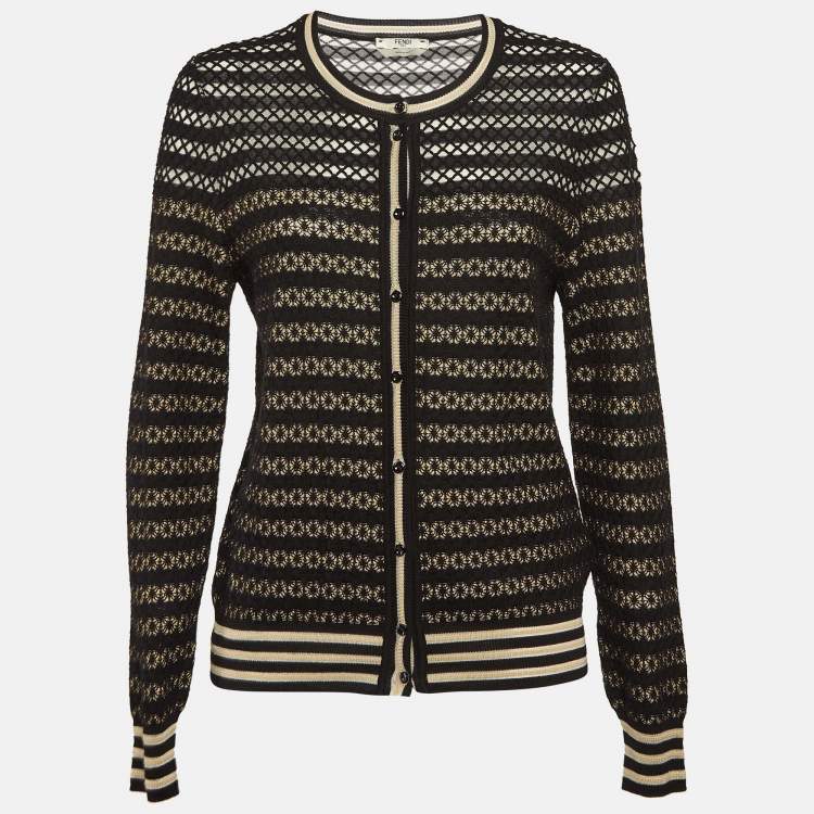 Pre Owned Fendi Black/Beige Silk Patterned Knit Cardigan M