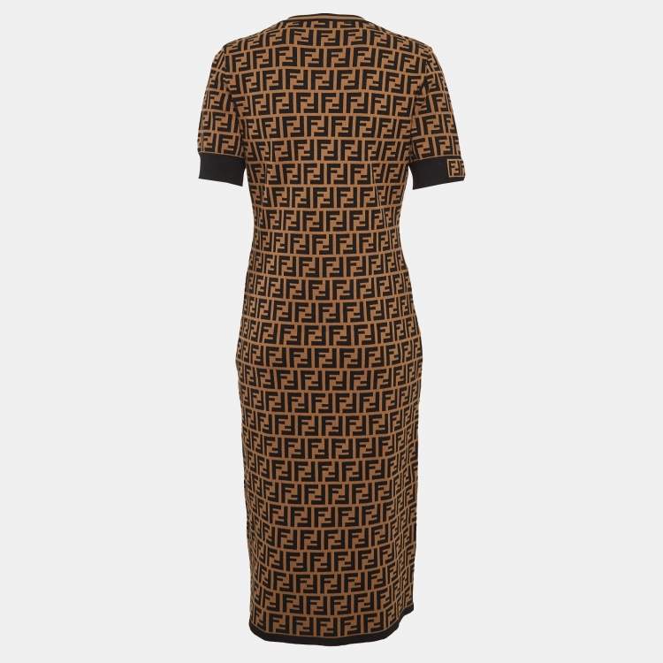 Pre Owned Fendi Brown Zucca Knit Round Neck MIdi Dress M