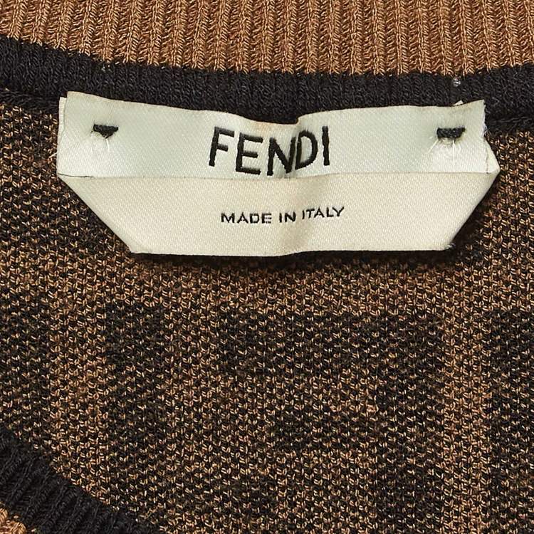 Pre Owned Fendi Brown Zucca Knit Round Neck MIdi Dress M
